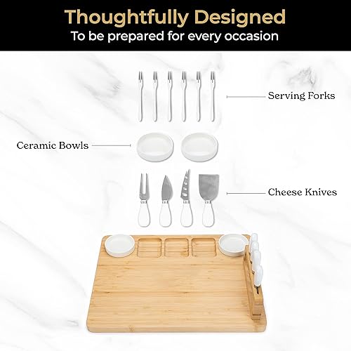 Miniatura 6 de SMIRLY Juego de tablas para charcutería: Tabla rectangular de bambú para queso marrón rústico con accesorios de embutidos y bandeja redonda de