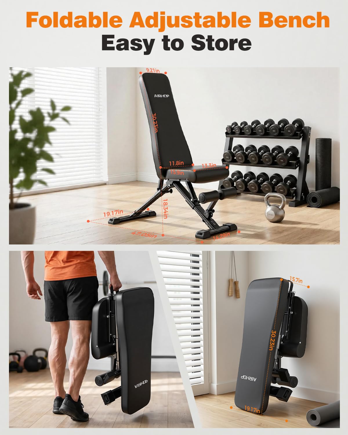 Foldable Workout Bench, 90° to -30° FID Weight Bench for Home Gym | Backrest, Seat, Leg Bar Adjustable, MAX 1000 LBS, 8-Pos Backrest, 3-Pos Seat, 4-Level Leg Support, 19.4" Extended Base Stable
