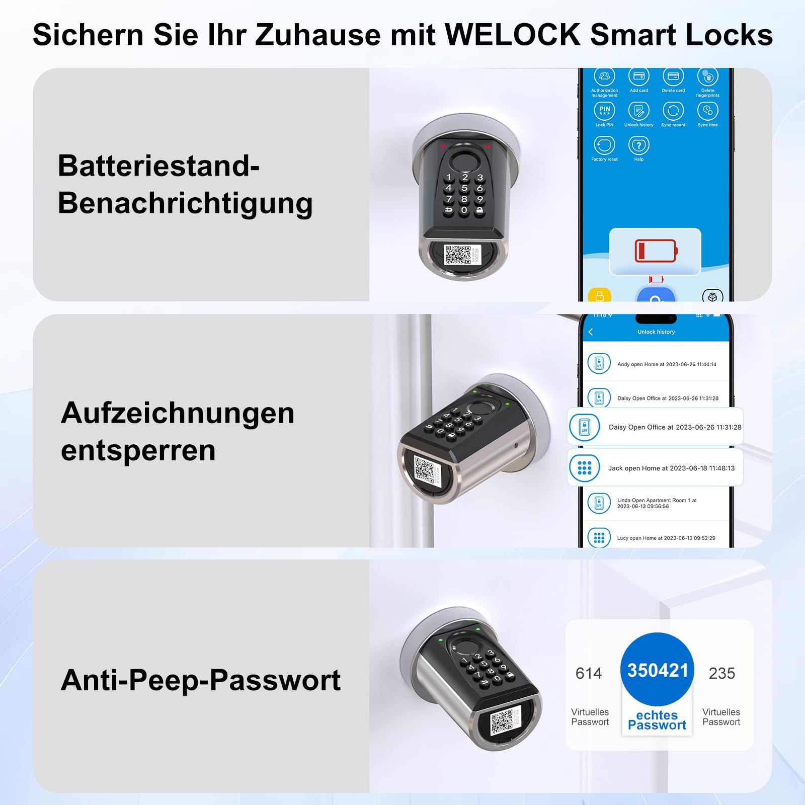 WELOCK ToucD41 - Serratura per porta digitale con codice elettronico, Smart Lock con scheda RFID, app, WiFi, impronte digitali, serratura per porta di casa, IP65, apertura intelligente per porte da 50