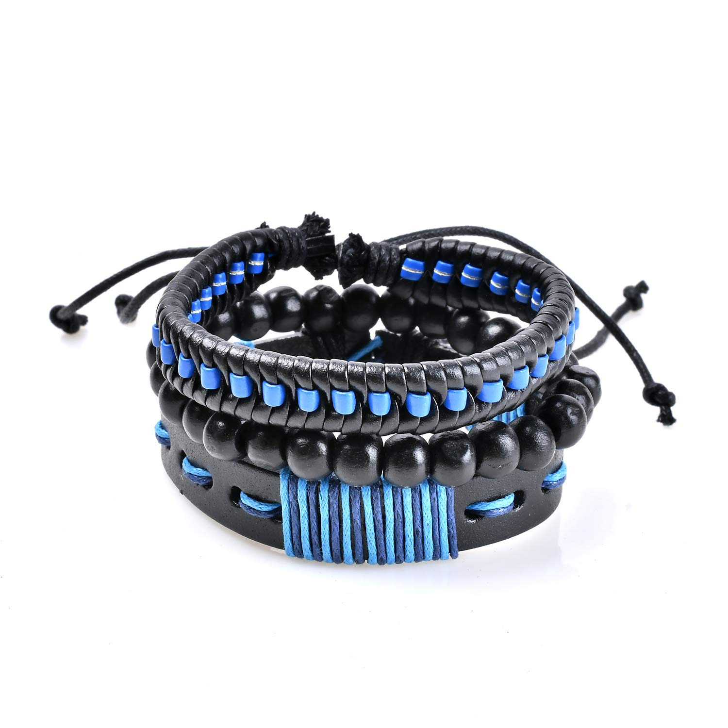 Herinos 3PCS Braided Leather Bracelets for Men Bangle Beaded Bracelets Punk Vintage Adjustable
