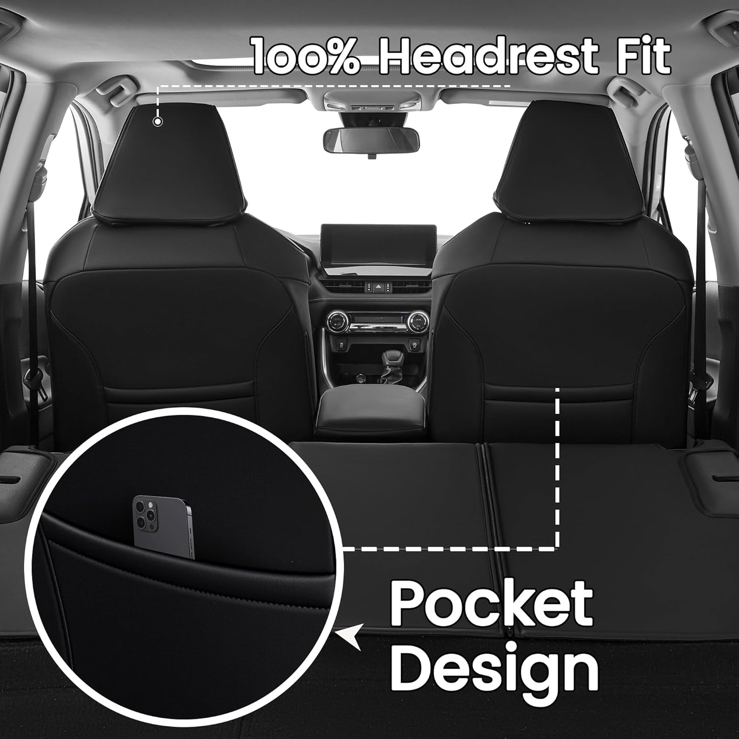 HKZ Fit RAV4 Hybrid Car Seat Covers Set for 2019 2020 2021 2022 2023 2024 2025 Toyota RAV4 Hybrid Model Only LE,XLE,Limited,Woodland Edition,XLE Premium- 5 Seats Full Set Leather(Black)