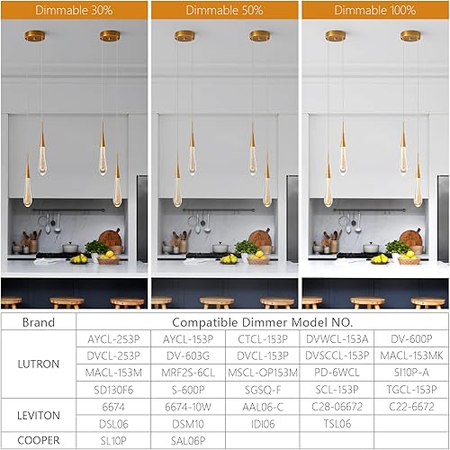 Miniatura 4 de LMQNINE Lámparas colgantes de cocina, regulables, LED, moderna, dorada, mini lámpara colgante de cristal de lágrima para cocina, isla, dormitorio,