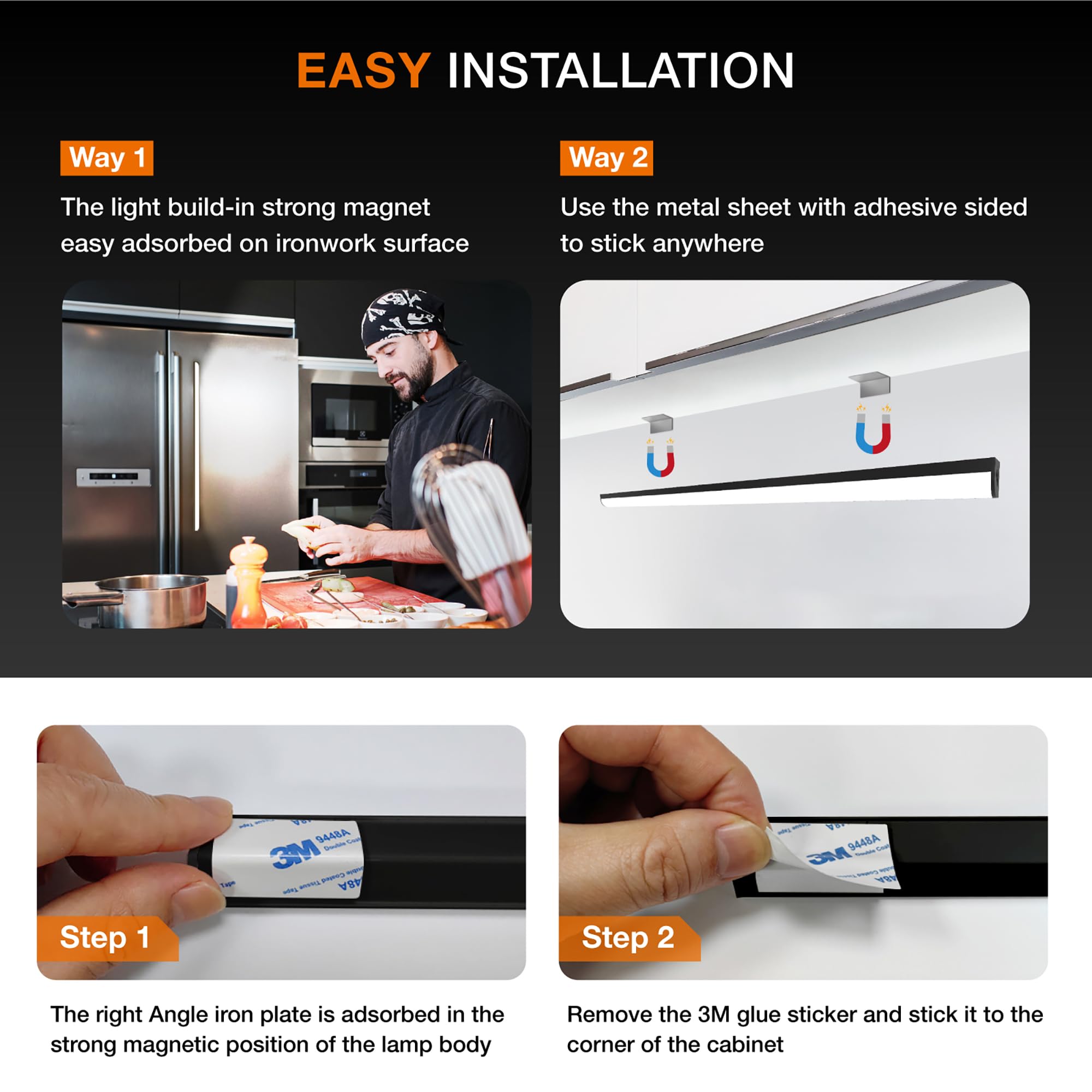 Lampada da incasso a LED da cucina con telecomando, luce ricaricabile per vetrine, senza fili, per guardaroba (nero, 80 cm)