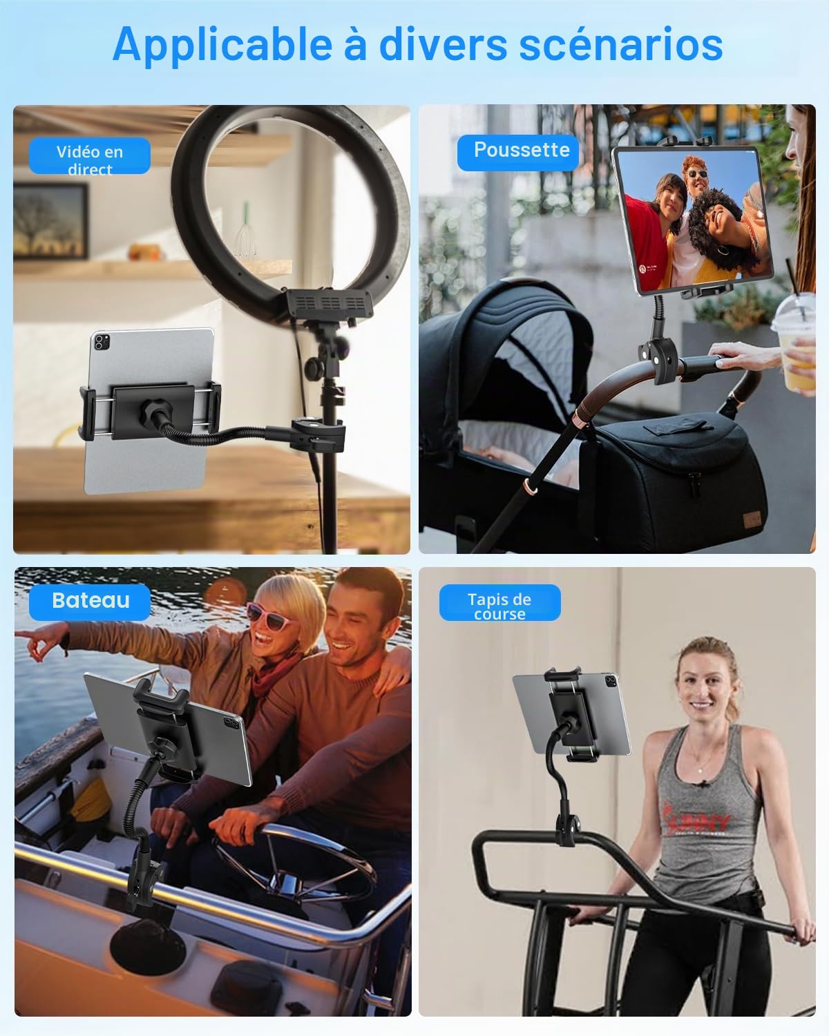 Support de tablette col de cygne pour fauteuil roulant, poussette, bateau, support de micro, tapis de course, vélo d'intérieur, collier de serrage de guidon de vélo, compatible avec iPad Pro