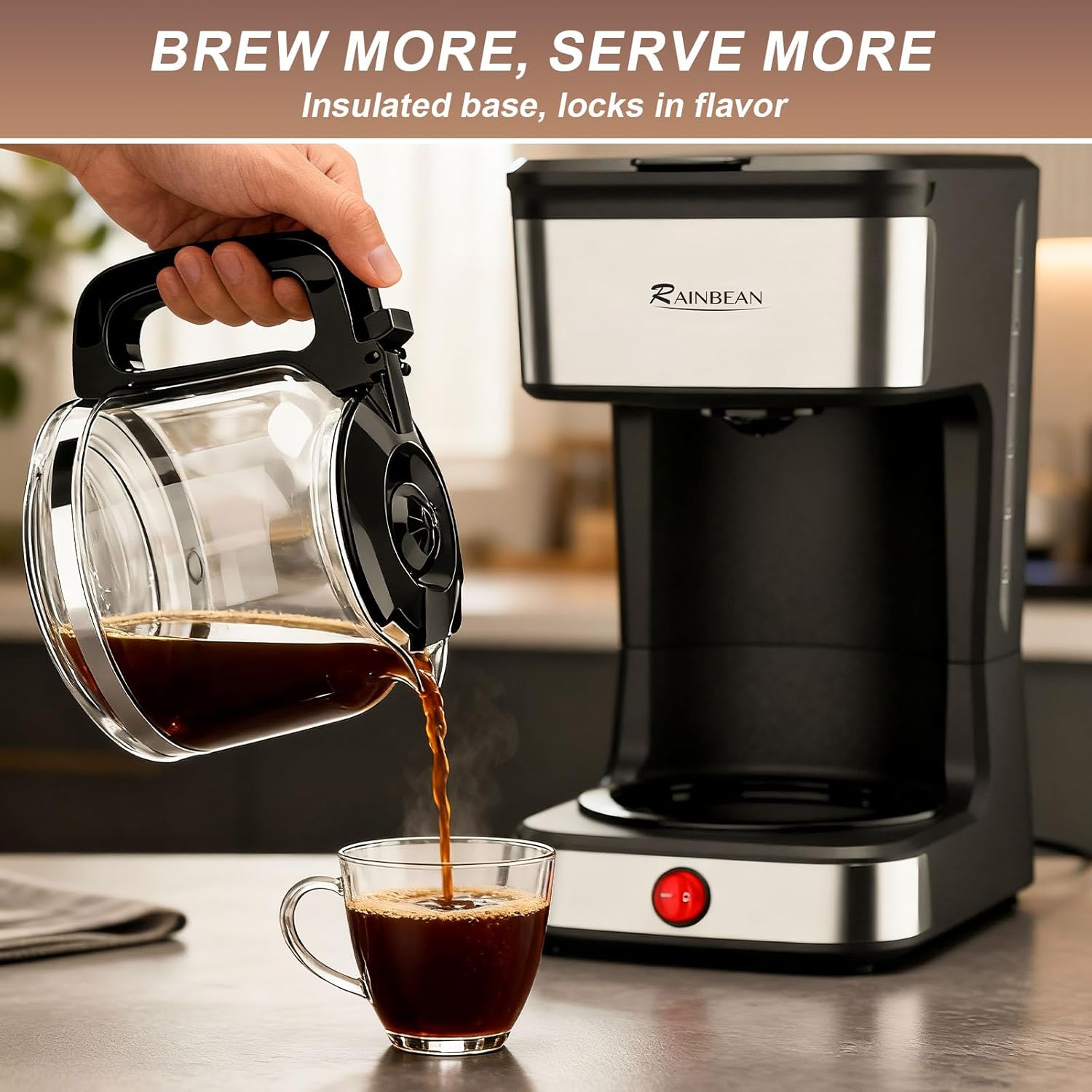 RAINBEAN 12-Cup Drip Coffee Maker,Home/Office Coffee Brewing Machine with Removable Filter,Glass Carafe and Heated Base,Black & Stainless Steel