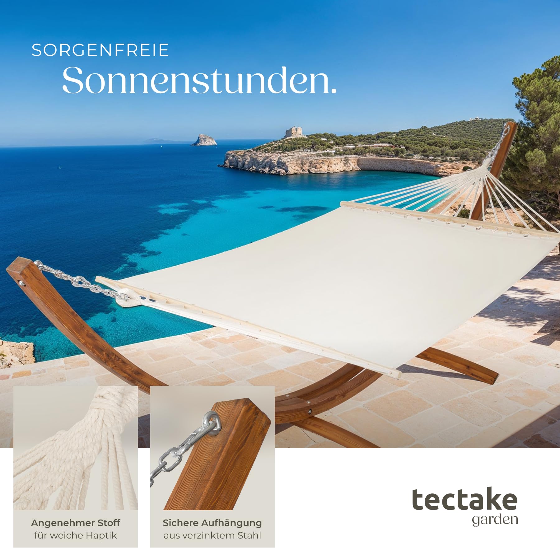 tectake® XXL Outdoor Hängematte für 2 Personen, Doppelliege mit Gestell, Liegefläche 205x150 cm, Belastbarkeit max. 200 kg, Gartenschaukel, Möbel für Balkon, Garten und Terrassen