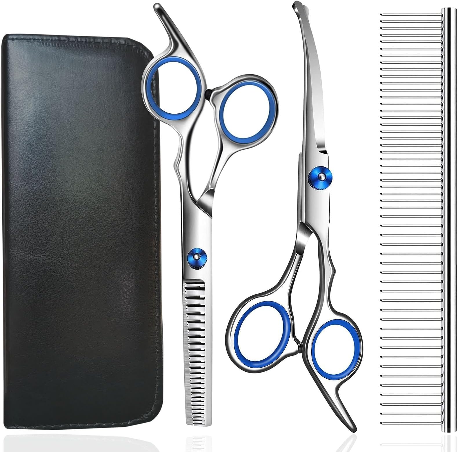 Dog Grooming Scissors, 4-in-1 Dog Grooming Kit with Safety Round Tip, Professional Grooming Shears Set Hair Cutting Trimming Scissors with Steel Comb & Leather Pouch for Dogs Cats Pets