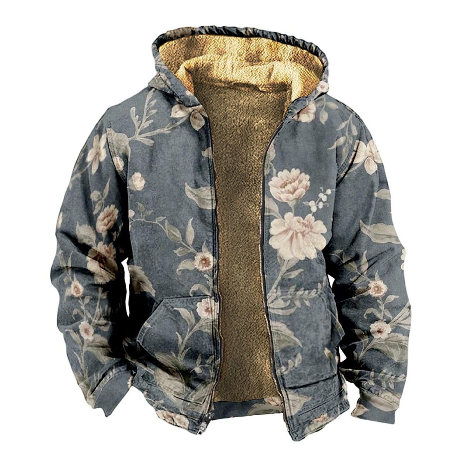 Sweat à capuche pour hommes vintage imprimé floral ample zippé
