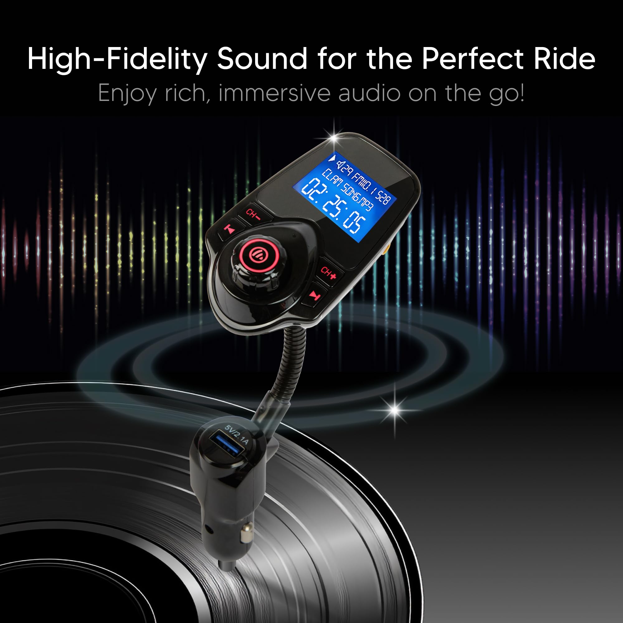 ONN Upgraded 2025 Auto Bluetooth FM Transmitter - 1,44 Zoll Display, Flexibler Schwanenhals, Freisprecheinrichtung, Wireless Music Player, Radio Adapter, USB Ladegerät, Micro SD Karte & AUX