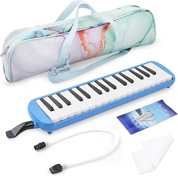 32 Keys Melodica Instrument, Soprano Melodica Air Piano Keyboard Pianica with 2 Soft Long Tubes, 2 Short Mouthpieces and Carrying Bag6-Blue