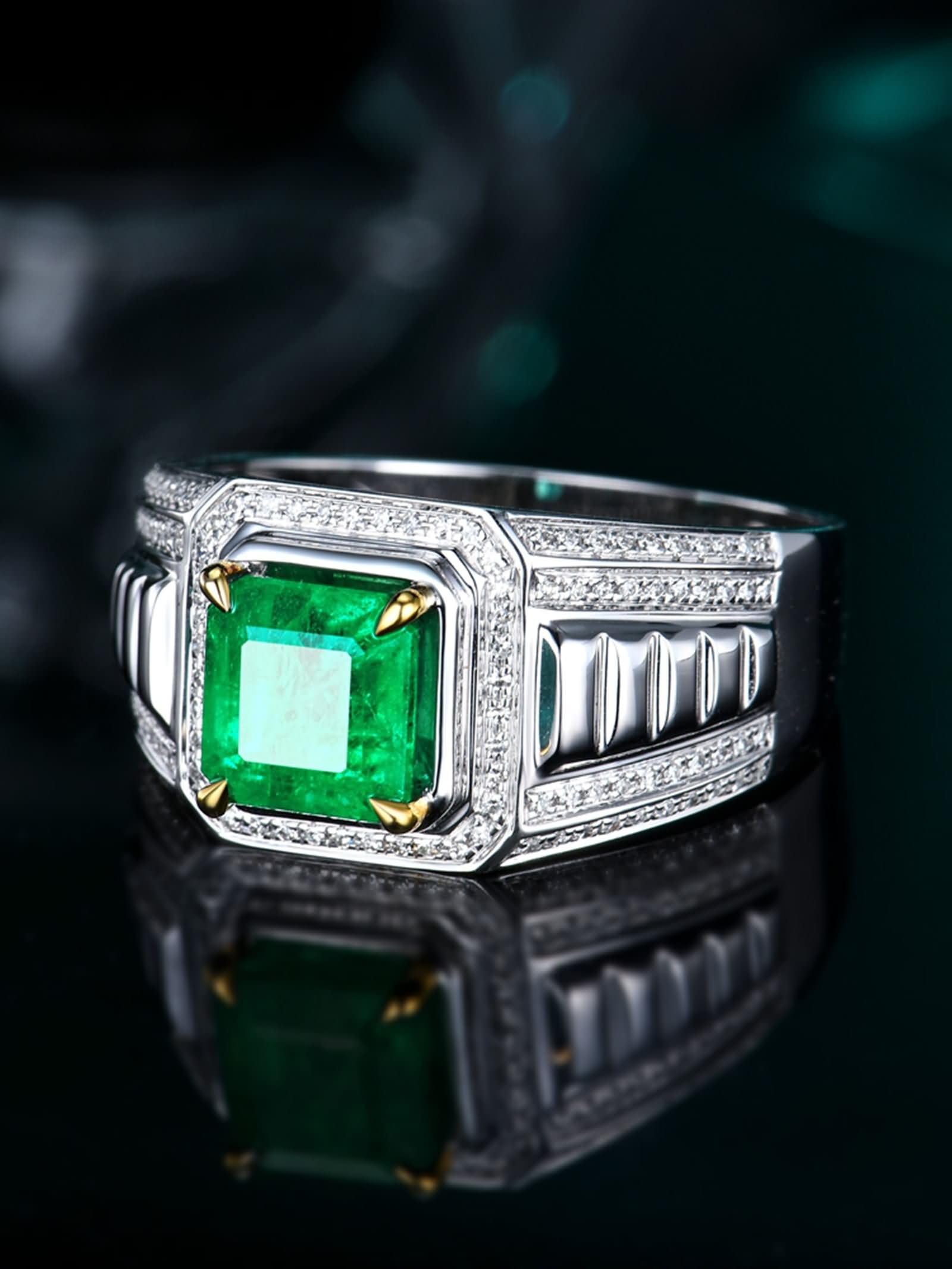 Pierścionki Fedina 9Kt / 14Kt / 18 Kt Białe Złoto Mężczyźni, 4 szczęki 1,5 ct Szmaragd Kwadratowy Diament, Pierścionek Ślubny Męski Zielony Srebrny