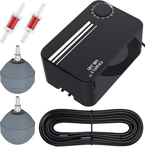 Pawfly Kit de aireación de estanque de 120 GPH con salidas duales, kit de bomba de aire de estanque aireador de oxígeno ajustable con tubo de línea