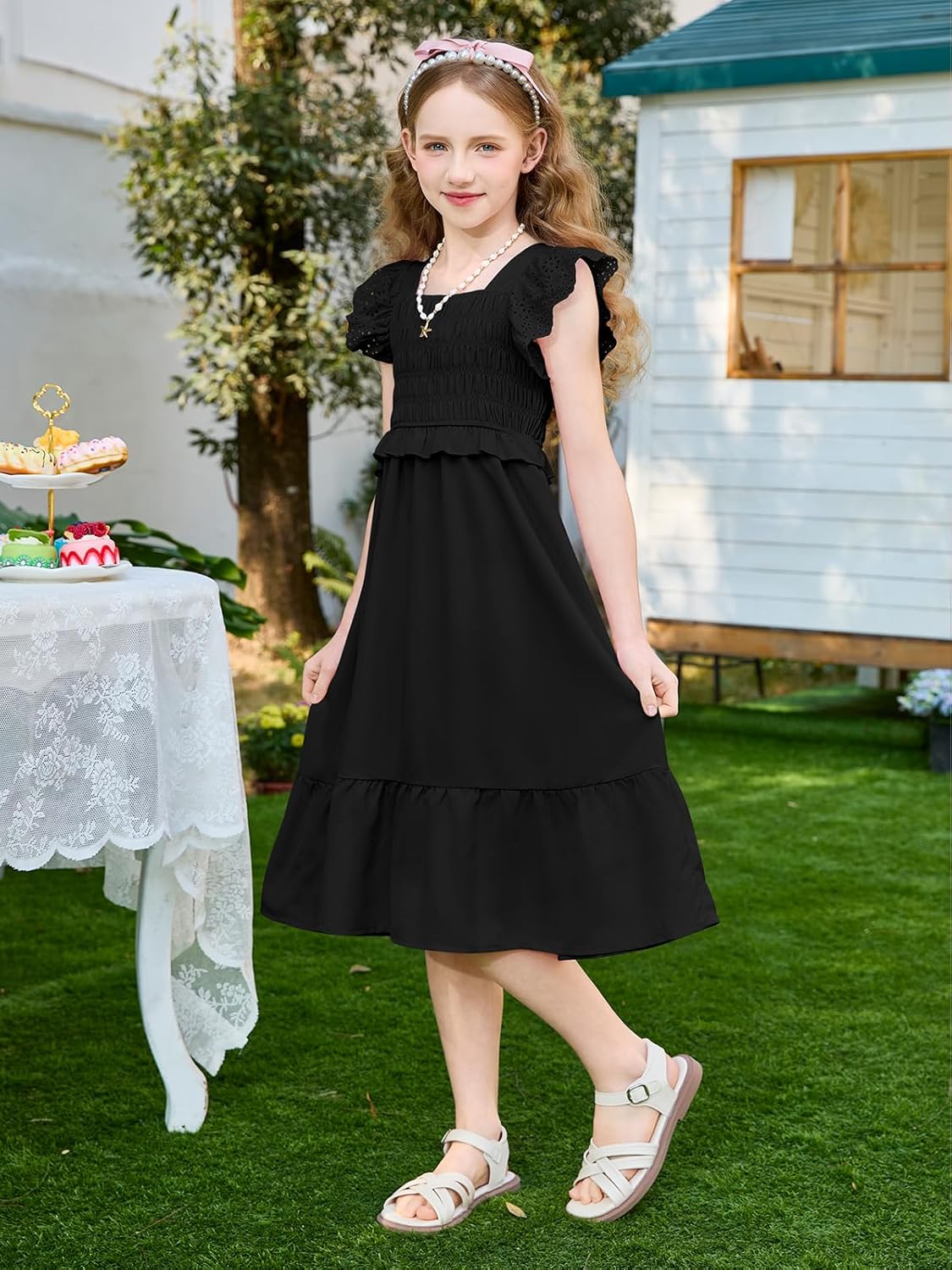 Haloumoning Girls Summer Dress Kids Ruffle Sleeve Square Neck Smocked Dresses Tiered Midi Sundress 5-14Y