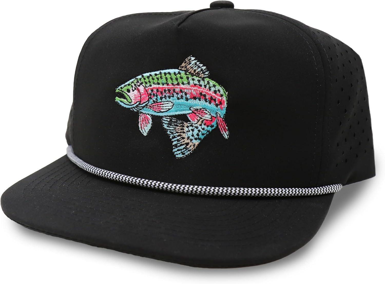 Trout Hat for Men - Dri-Fit Snapback Fishing Cap with Embroidered Rainbow Trout - Performance Laser Back Hat