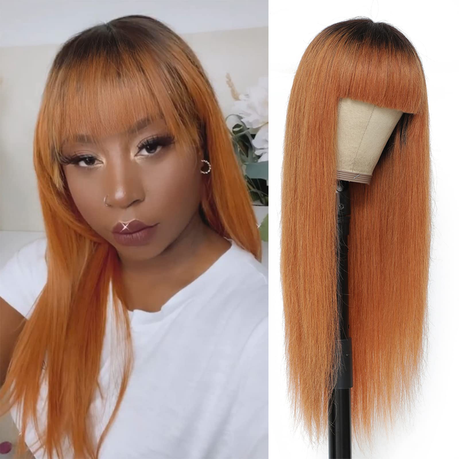 X-TRESS Omber Wigs with Bangs Human Hair Straight for Women 100% Brazilian Virgin Wigs 26 Inch T1B/30 None Lace Front Wigs With Bang Daily Party Use (26inch)