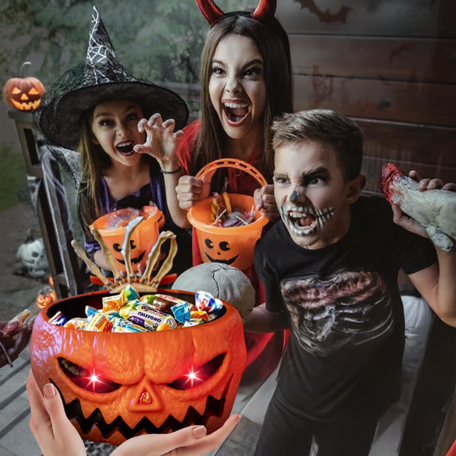 Qivine Luminosa de Tazón de Dulces de Halloween, Cuenco de Plato de Dulces con Cubiertos de Manos Esqueleto, Esqueleto Animado de Decoração Halloween con Sonido