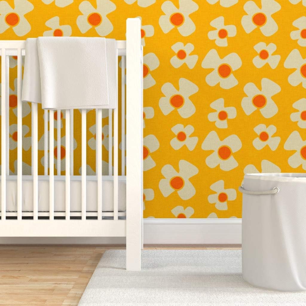 Peel & Stick Wallpaper 3ft x 2ft - Floral Daisy Yellow Flower Retro 70S 60S Mid Century Power Custom Removable Wallpaper by Spoonflower