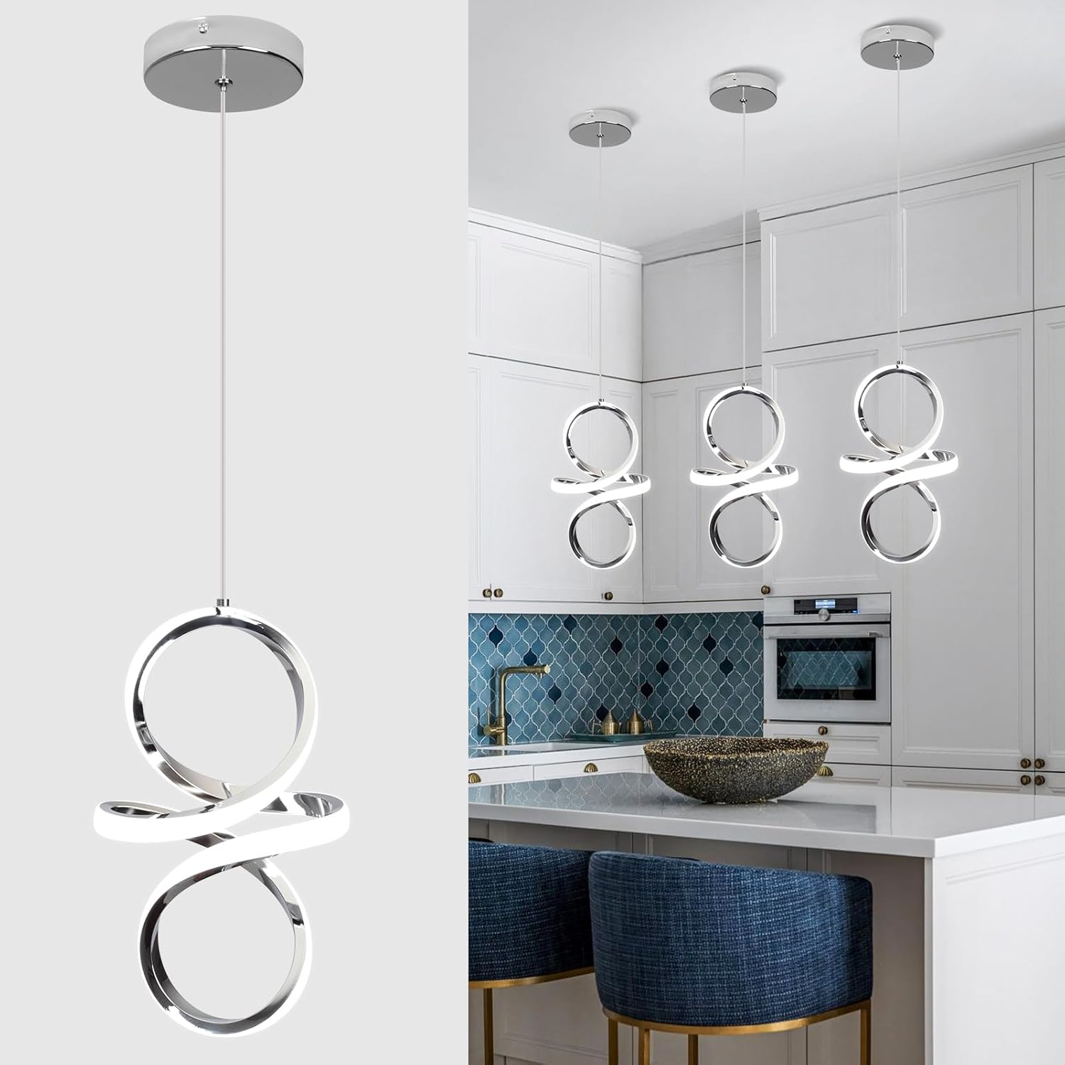 6000K Modern LED Pendant Lights, 24W LED Pendant Lights Kitchen Island Lighting, Chrome Adjustable Height Hanging Light Fixture for Kitchen Study Corridor Stairs Dining Room, 1 Pack