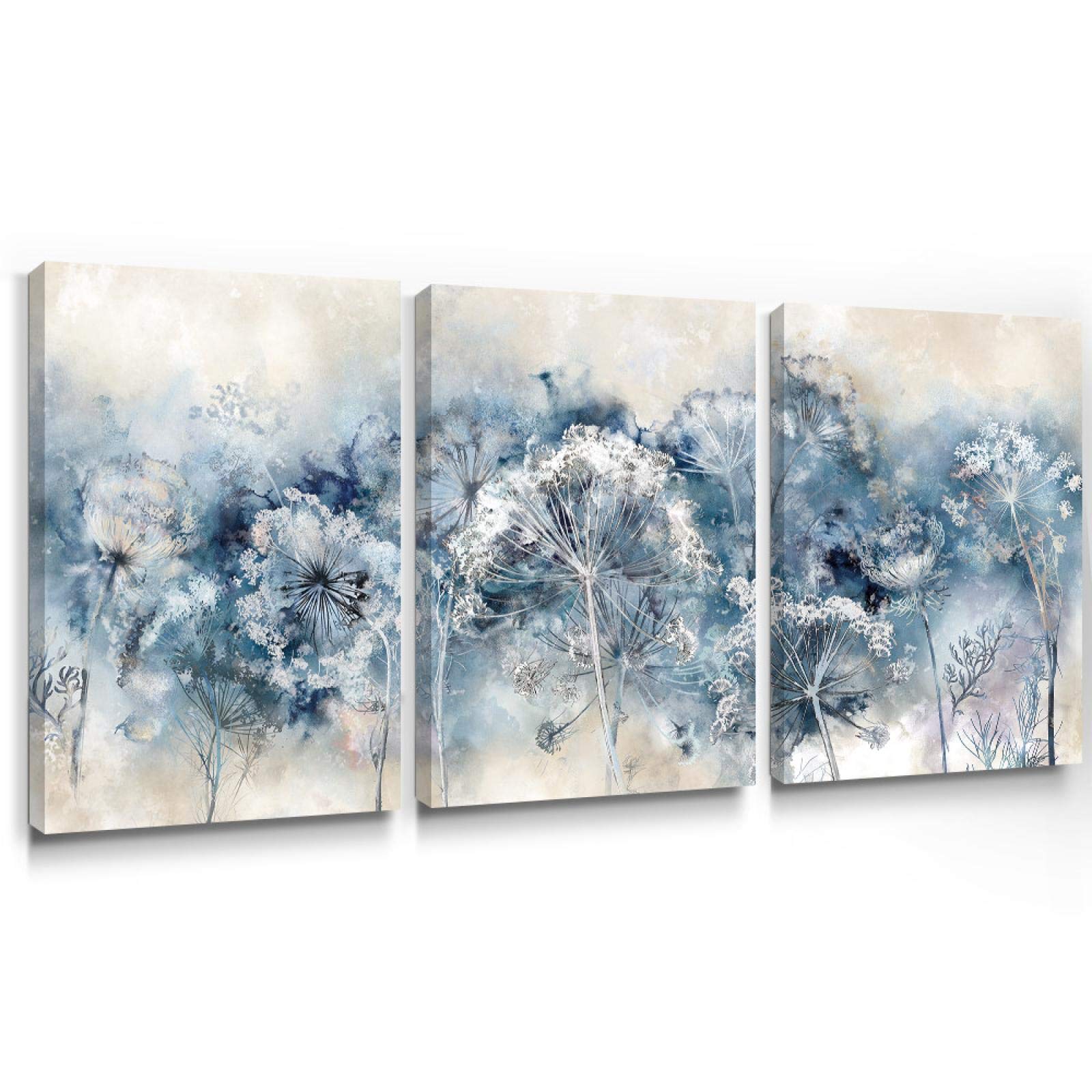 Yooyu Diente de león Arte de la pared Pintura en lienzo Carteles botánicos para el dormitorio Azul Blanco Baño Impresiones Casa de campo moderna Imagen (24x35in) 60x90cmx3 con marco