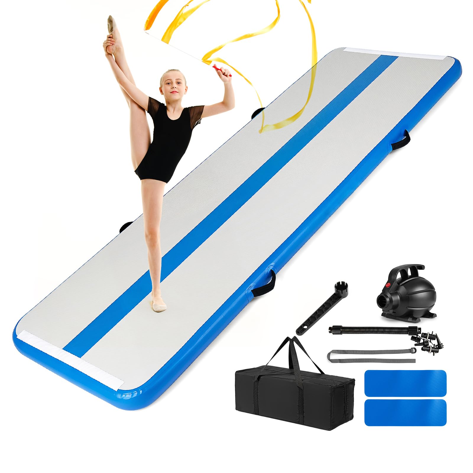 COSTWAY Air Track Tapis de Gymnastique Gonflable 3 M en PVC Épais 11 cm, Tapis de Gym Tumbling Portable en PVC avec Pompe Électrique Patchs Réparation Sac de Transport, pour Yoga Fitness