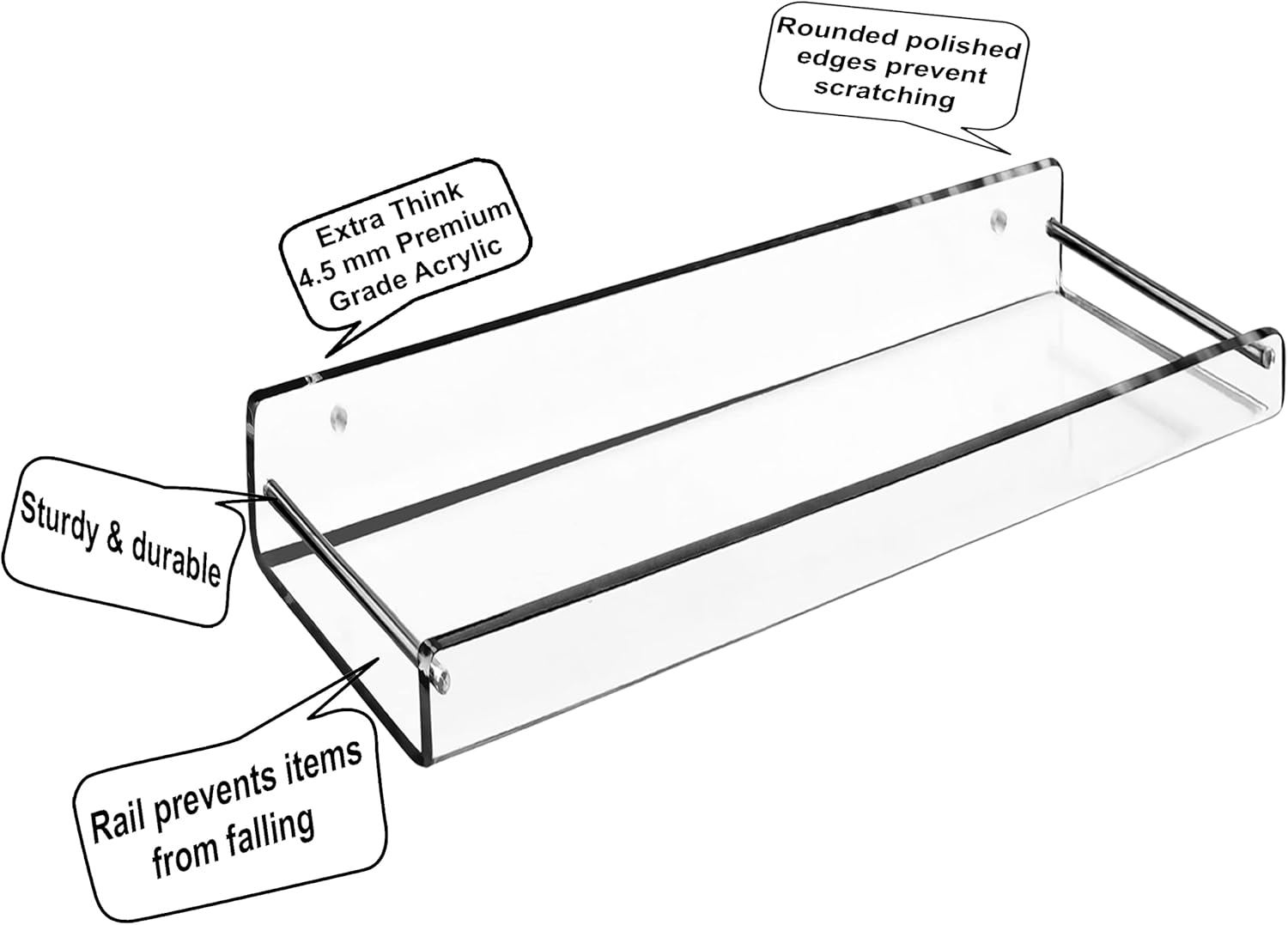 AMT 2 Pack Acrylic Floating Shelves, 15" L x 4.8" W, Clear Bathroom Wall Shelf, Bookshelves, Invisible Display for Office, Bedroom, Small Gap Allows Water to Escape, Free Screws & Drill Bit (Medium)