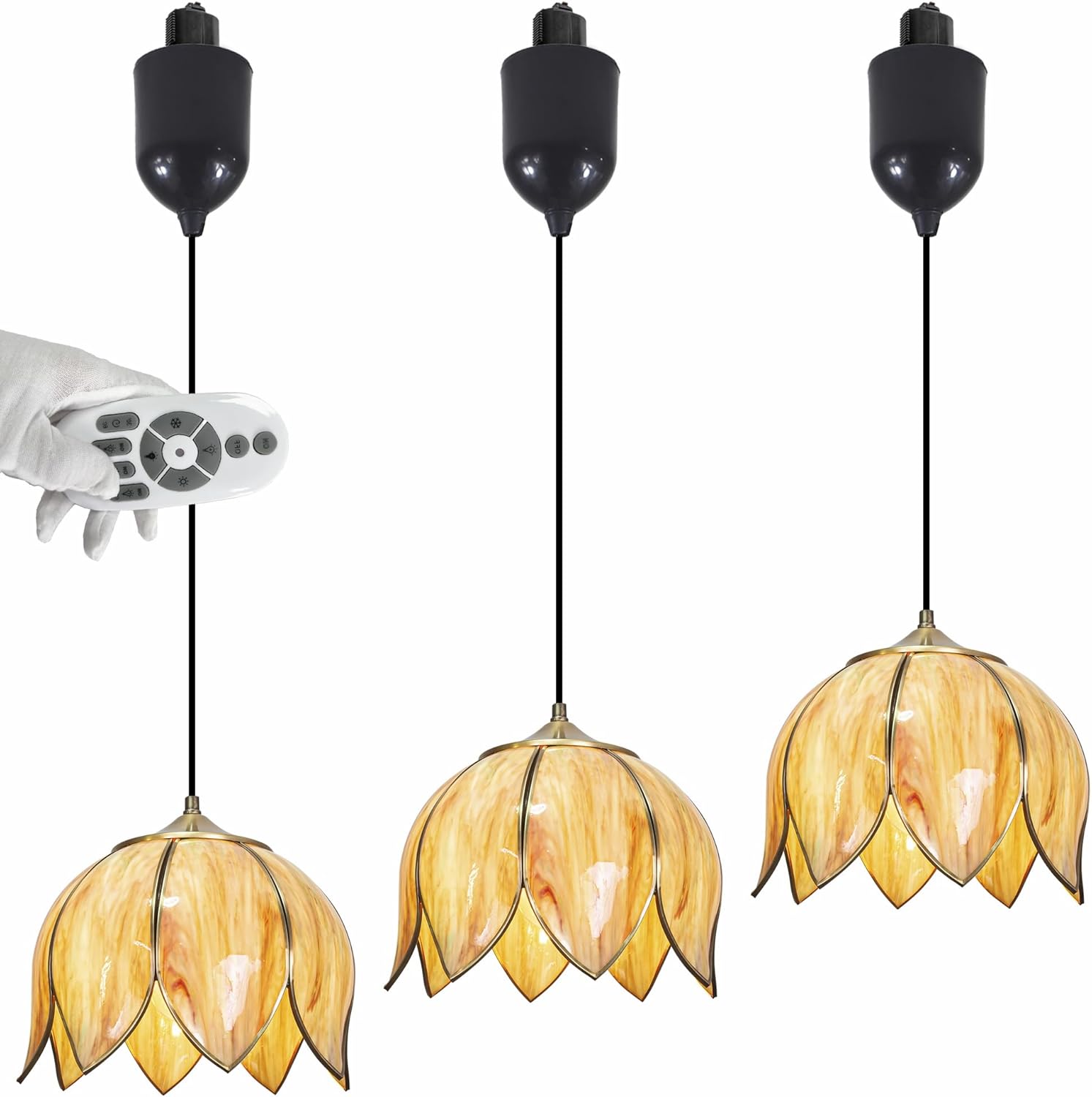Adjustable Hanging Height Halo Track Lighting Pendants, 4 Ft Cord, H-Type Dimmable Vintage Brass Finished Remote Control Tiffany Lotus Blue Stained Glass for Kitchen Island Vaulted Ceiling