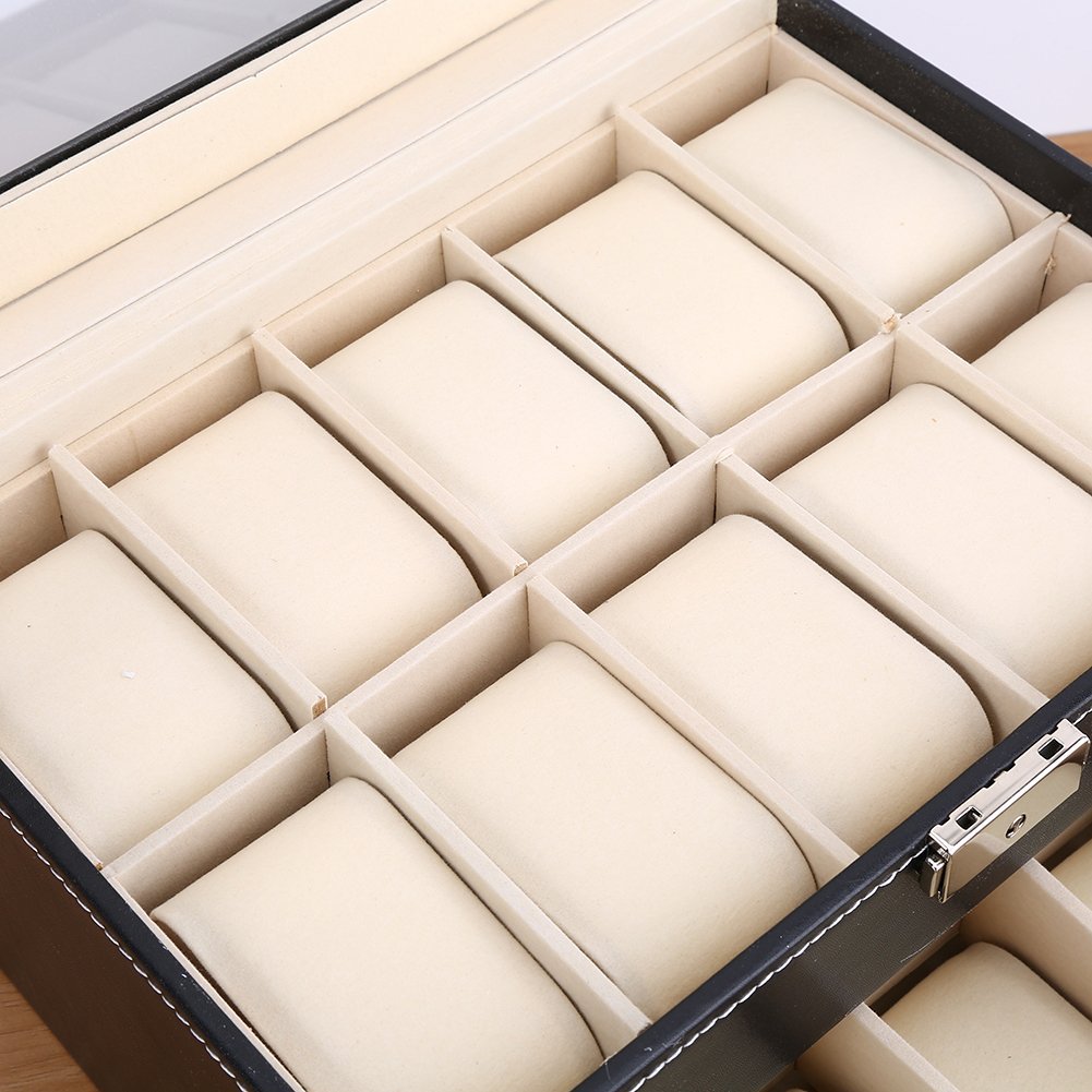 Caja de reloj con tapa, estuche para 10 relojes, caja de reloj Funda de cuero PU para reloj de hombre - negro, 25 * 20 * 8 cm