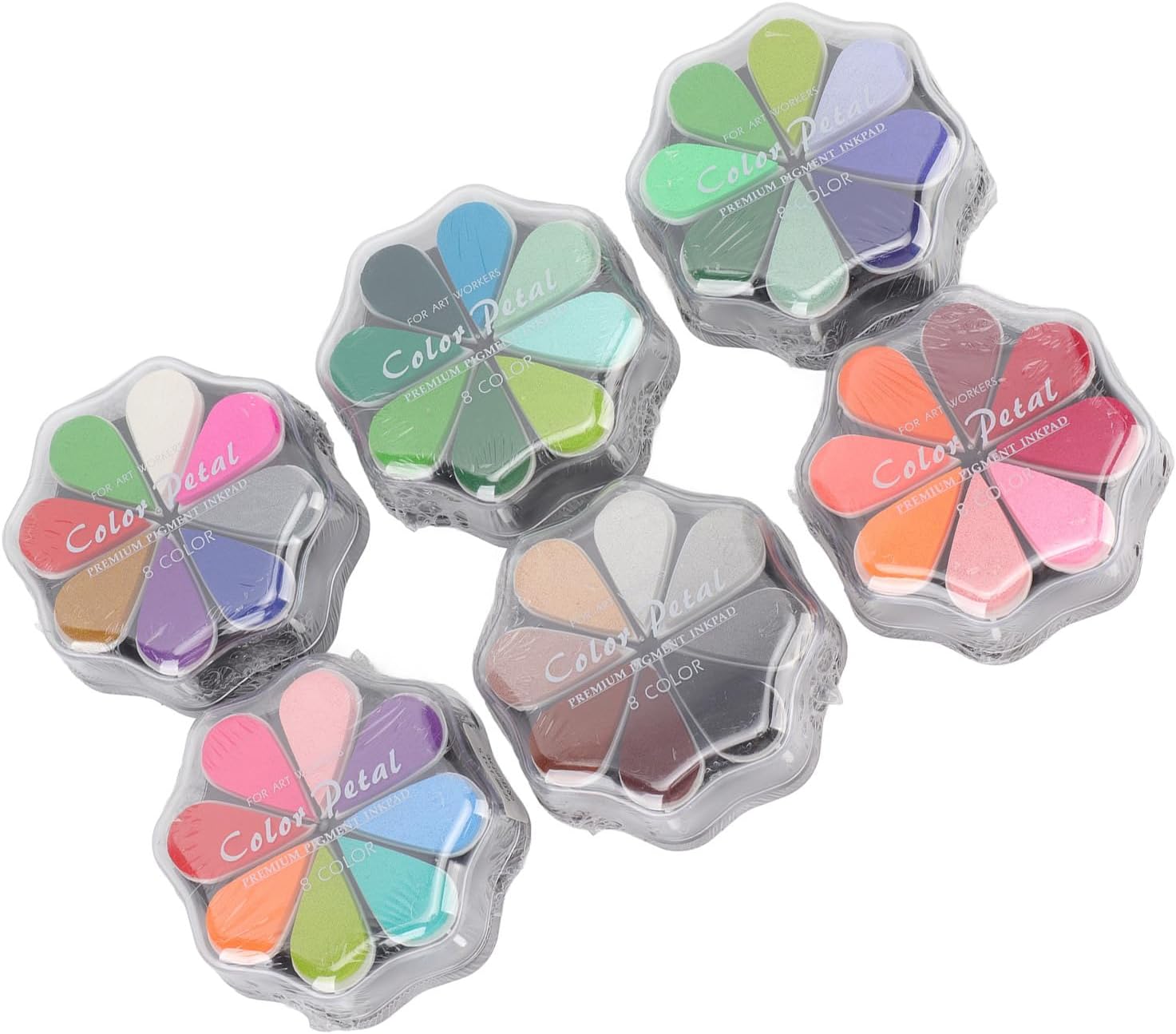 洗えるインクパッド、6個の花びら型メタリックインクスタンプパッド、48色鮮やかな指紋フットプリントアート用DIYラバースタンプパッド