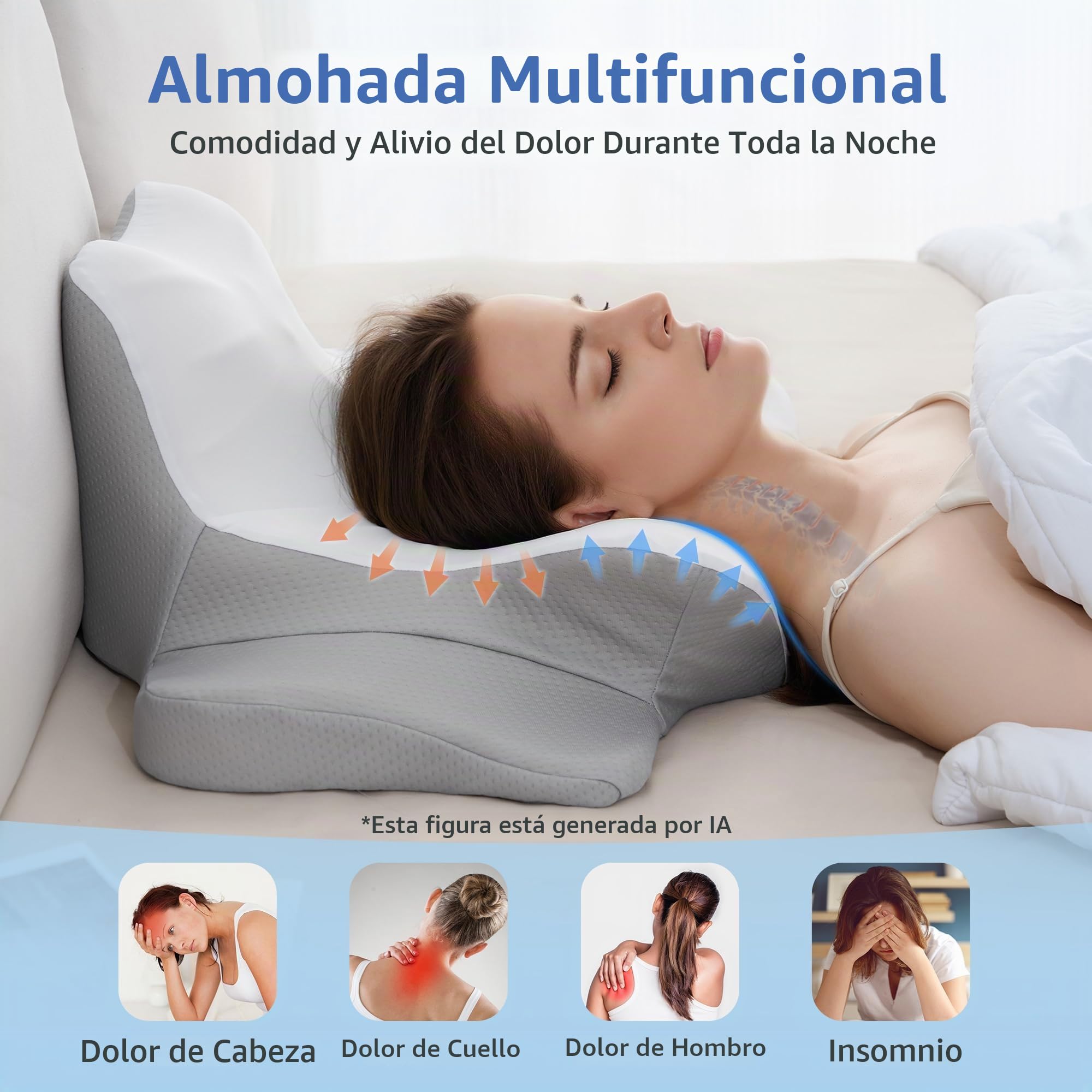 Careboda Almohada Multifunción Ergonómica Espuma Viscoelástica | Almohada ergonómica espuma viscoelástica, todas las posturas, alivia presión cervical, transpirable.