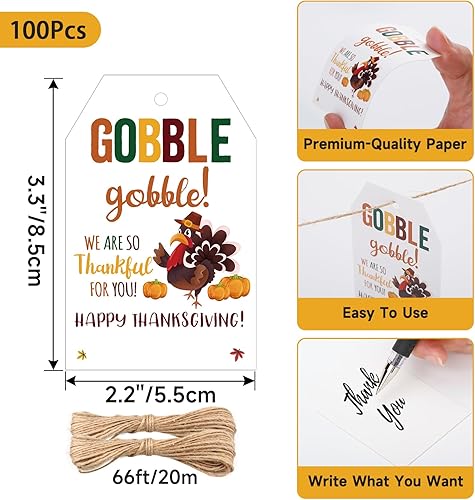 Miniatura 3 de Anwyll Etiquetas de feliz Acción de Gracias, etiquetas de regalo de Acción de Gracias con cuerda, 100 etiquetas de pavo de agradecimiento, etiquetas