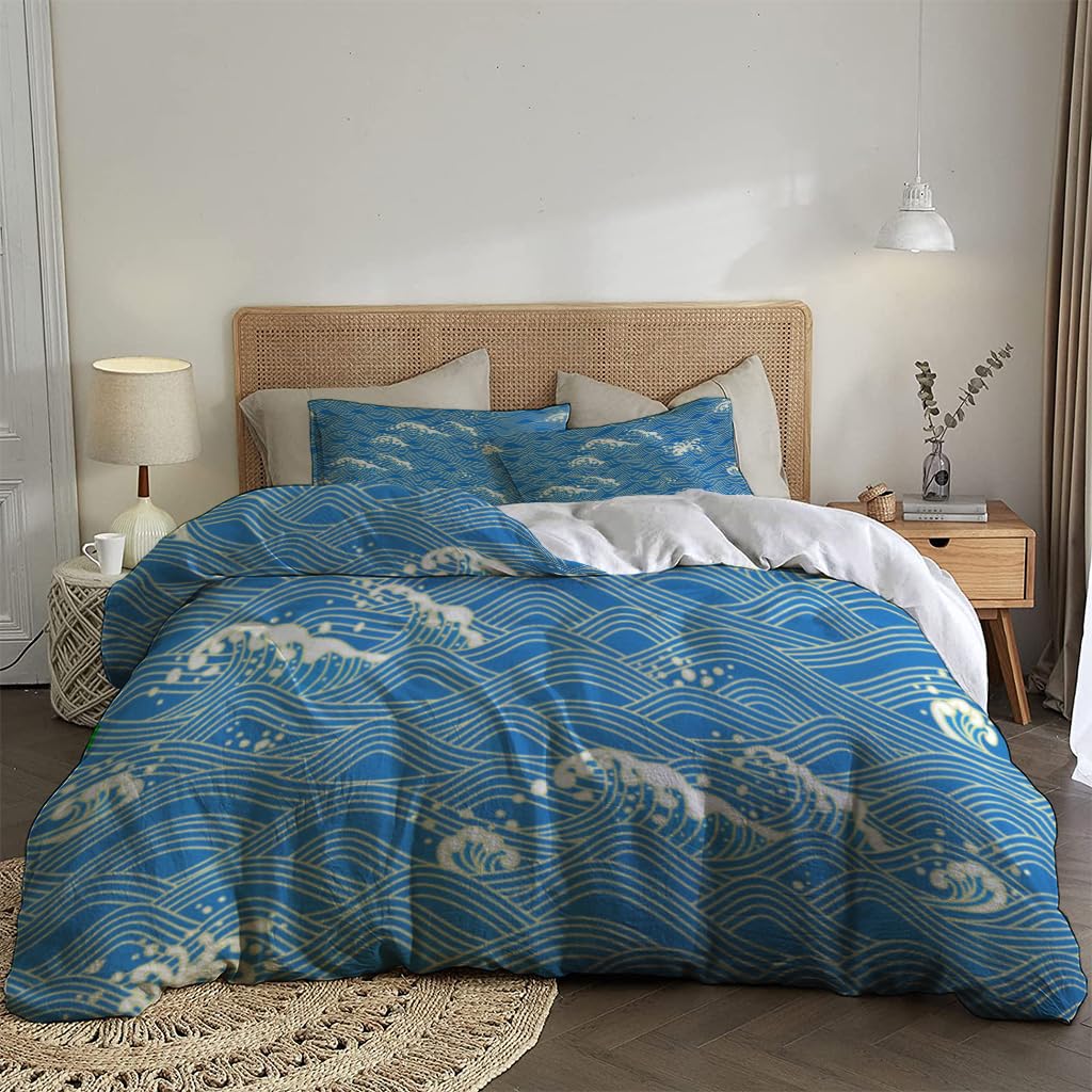 NIBAINLO 布団カバー日本の伝統的な海の波 肌に優しい ピーチスキン加工 掛け布団カバー 和式 洋式 あったか 布団カバーセット リバーシブル ホームステイ ホテル 家庭兼用