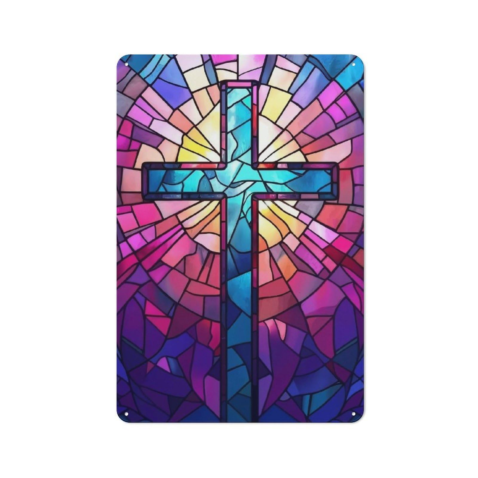 Junmoney Christain Cross Stained Glass Art Retro Tin Sign 30X20cm For Living Room Or Hallway, Gift For Living Room Decor Lovers During The Christmas Season
