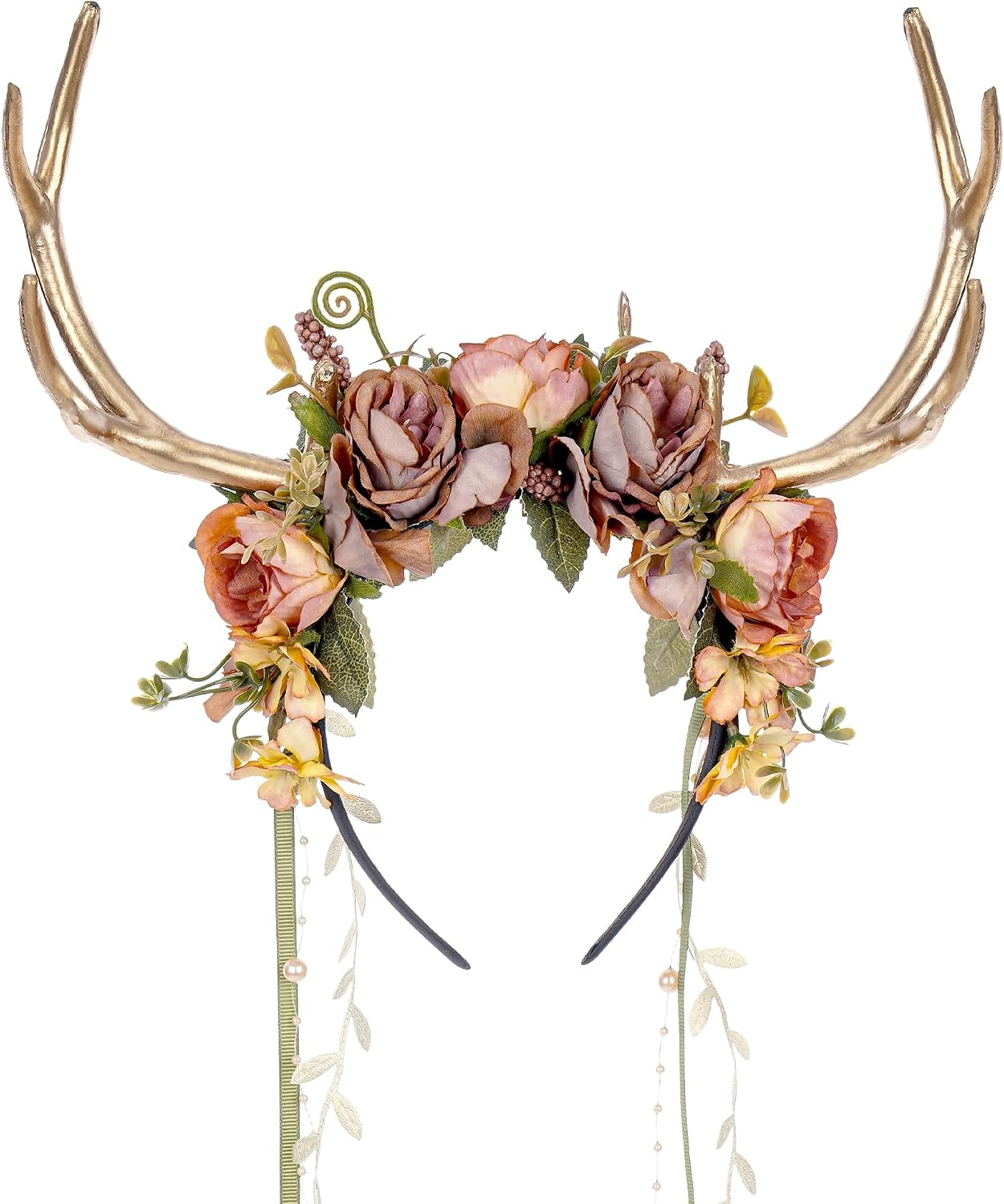MOSTORY Woodland Flower Antler Headband - Fairy Reindeer Headpiece with Vines for Renaissance Accessories Women Cosplay