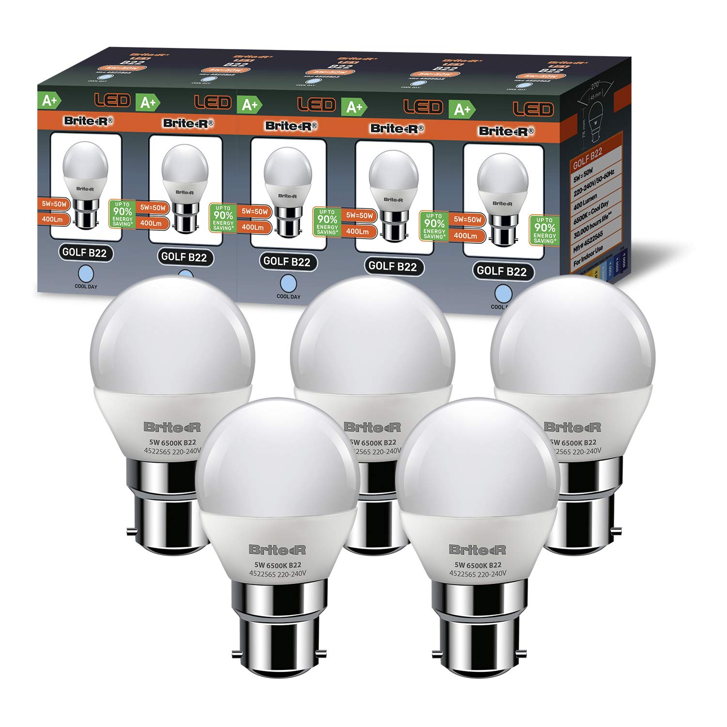 5X B22 BC Golf LED Bulbs 5W Cool White Daylight Brite-R 270° Beam 6500K 400lm 90% Energy Save* 50W Halogen Replacement Lamp AC220-240V WideAngle Frosted Home Office Lighting 2yr Warranty Pack of 5