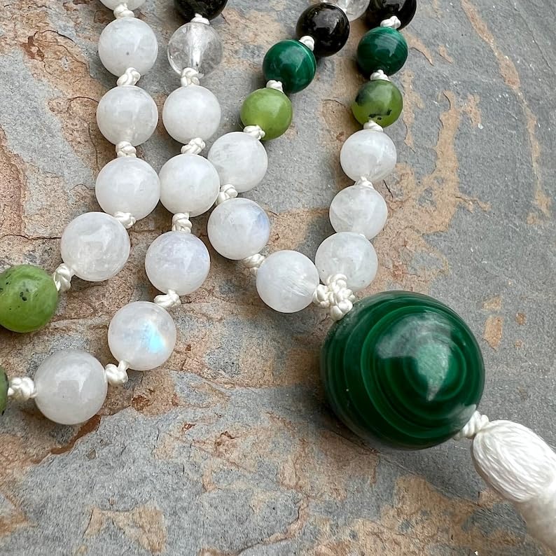 Natural rainbow moonstone, green tourmaline, malachite 6mm-10mm 108 Mala Beads, Spiritual, Meditation Beads, Reiki, Japa Mala, Buddhist Prayer Beads, Yoga Bracelet, healing beads