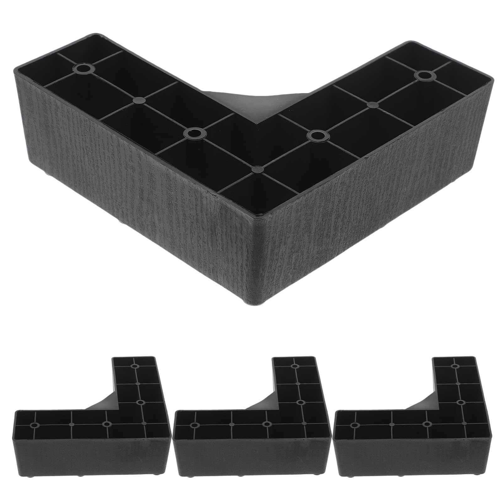 Elevadores de mesa Outanaya de plástico negro en forma de L para patas de sofá, 4 piezas