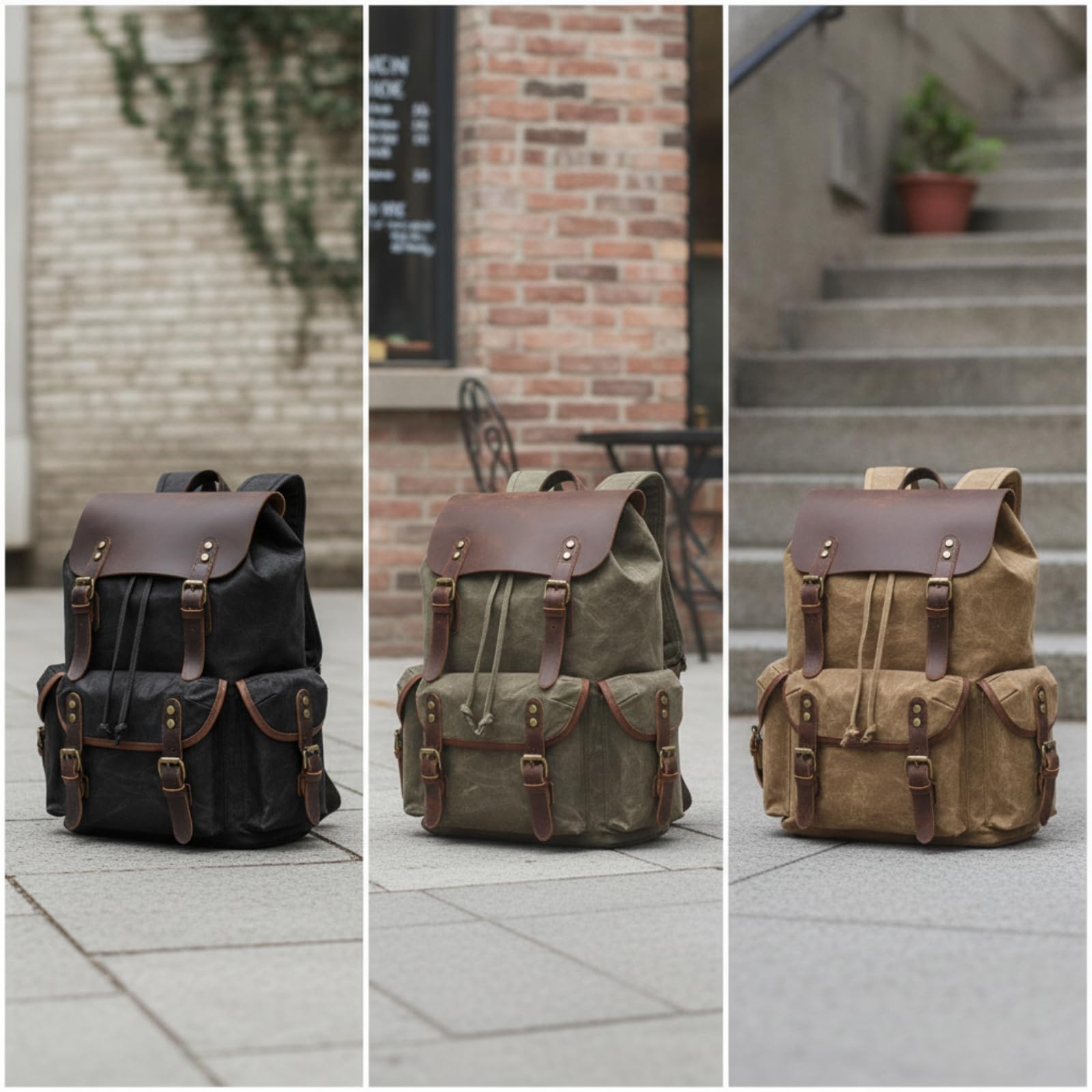 Zaino da Viaggio in Tela Cerata Zaino Borsa Sacca Rucksack Robusto con Scomparto Principale a Coulisse con Cinturini Spallacci Comodi E Manico, Array, Verde Militare