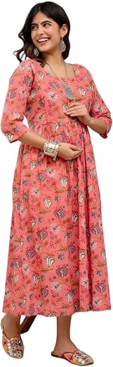 VARICOS Cotton Blue Flaired Maternity Feeding Kurti for Women with Zippers | Maternity Dress for Pre and Post Pregnancy &amp; ...