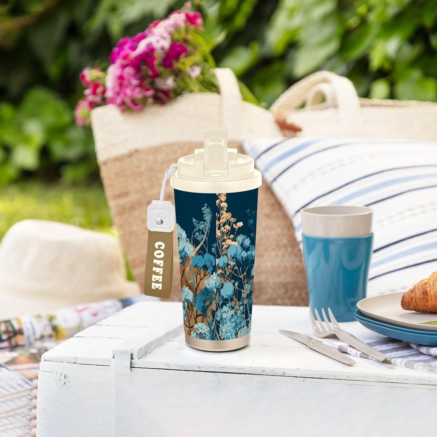 Pomeranian Dog Floral Blue Insulated Coffee Mug with Straw & Flip Lid, 16.9oz Iced Tumbler Cup, Double Wall Vacuum Leak-Proof Mug for Travel Office