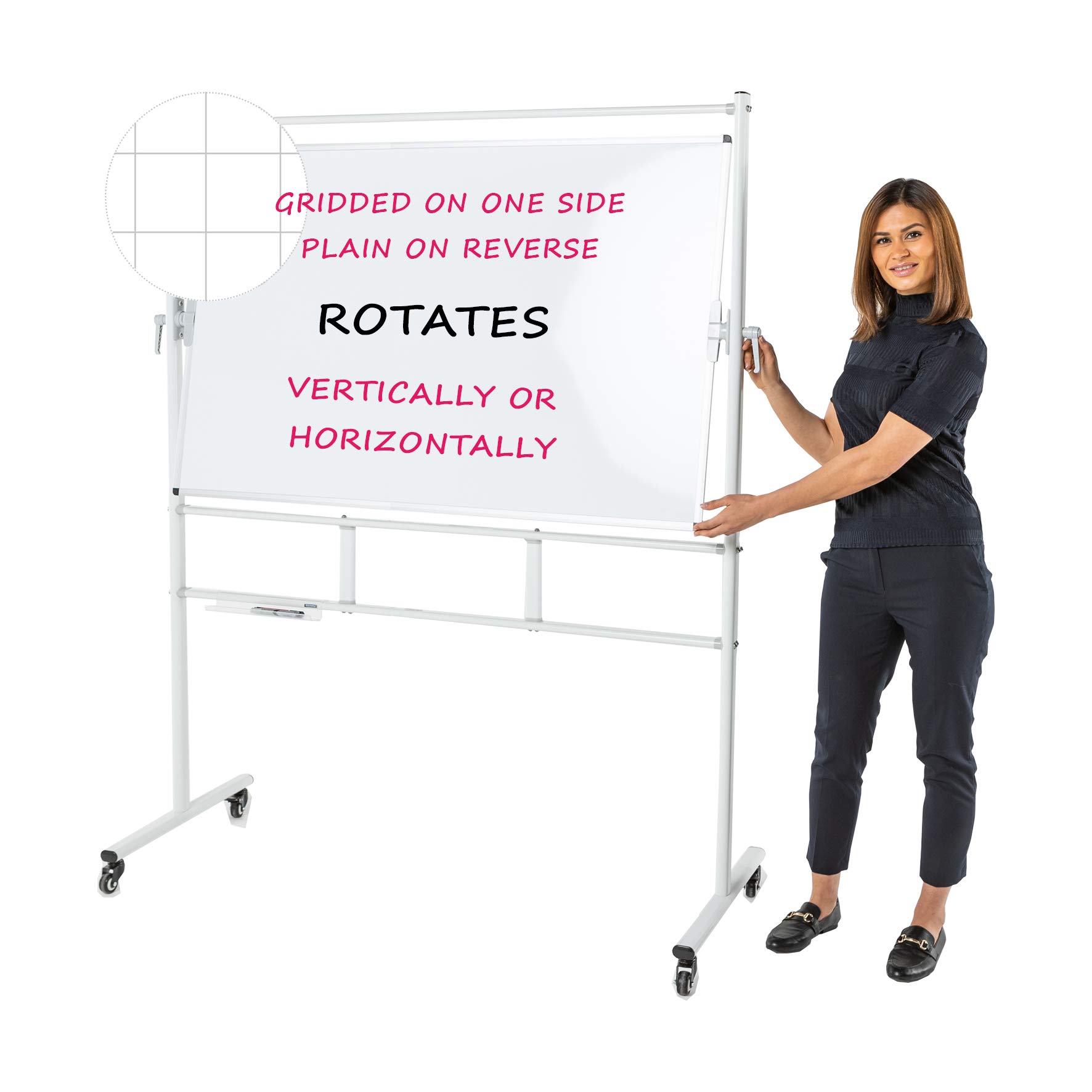 Double-Sided Non Magnetic Tilt & Swing Revolving Mobile Whiteboard with Pen Tray, Gridded Board on one Side ((H) 120 x (W) 180cm)