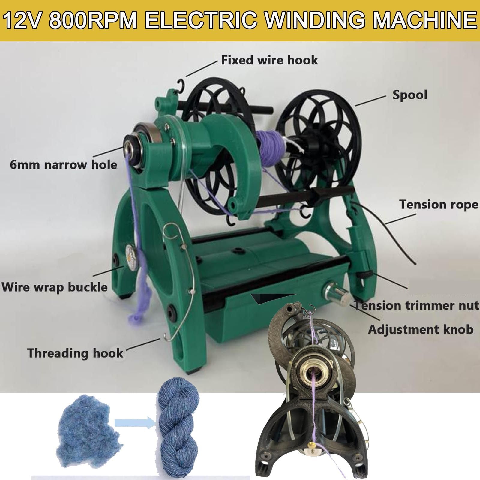 Elektrisches Mini-Spinnrad | Tragbarer Wollspinner 12 V | 800 U/Min HöChstgeschwindigkeit | Automatische Garnwickelmaschine FüR Heimarbeiten | Kompatibel Mit Hundehaar/Baumwolle/Wolle,Black