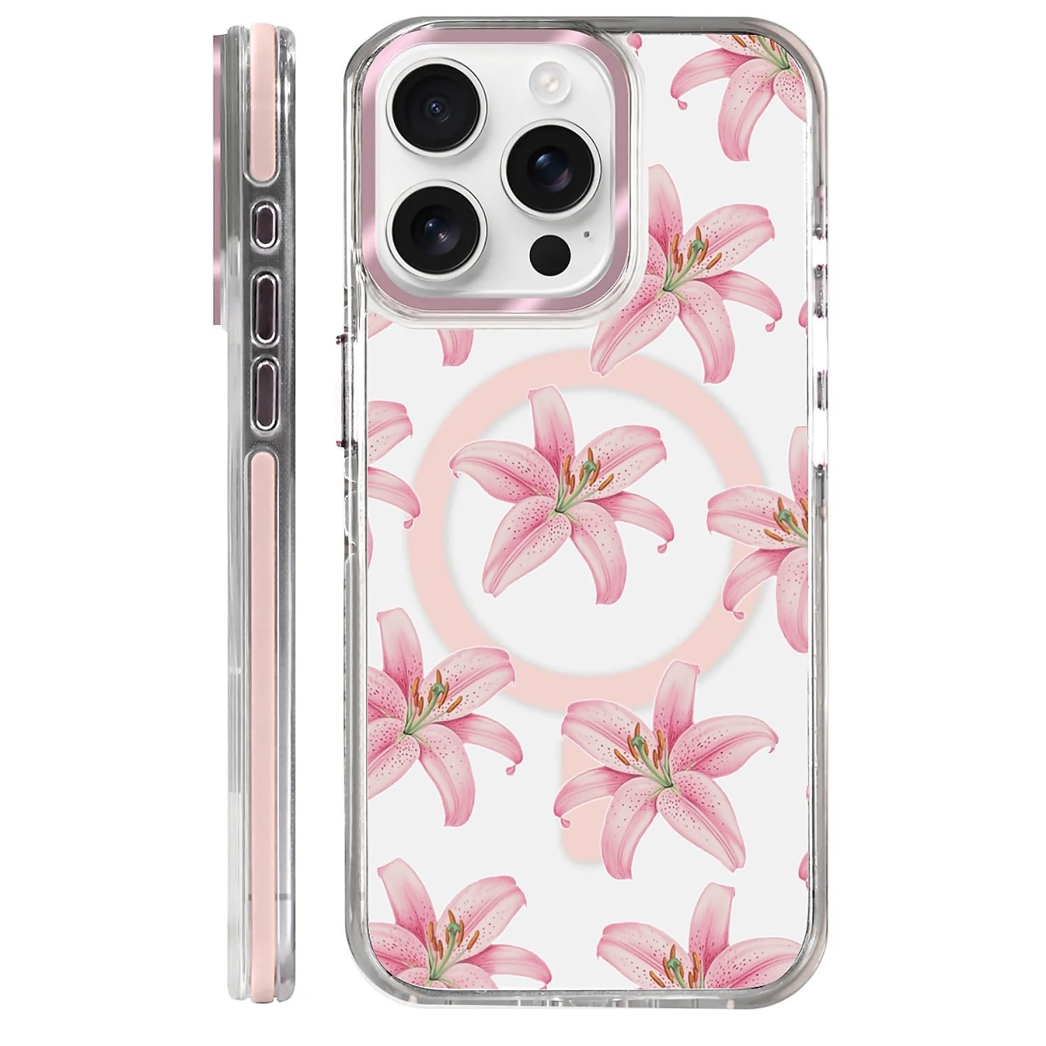 Coque pour iPhone 15 Pro compatible MagSafe transparente antichoc fleur rose - 8