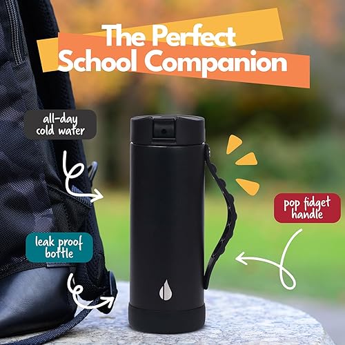 Miniatura 2 de Elemental - Botella de agua Iconic aislada para niños con tapa de popote y asa antiestrés con pop-it, a prueba de fugas, botella de agua de acero