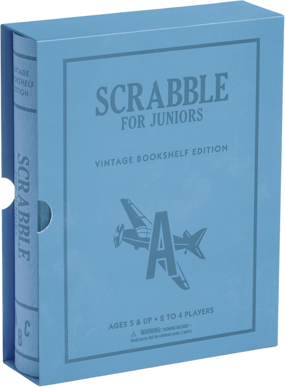 WS Game Company Scrabble for Juniors Vintage Bookshelf Edition: Linen Fabric-Wrapped Book Case — Educational Scrabble Jr. Board Game for Kids and Families (2-4 Players, Ages 5+)