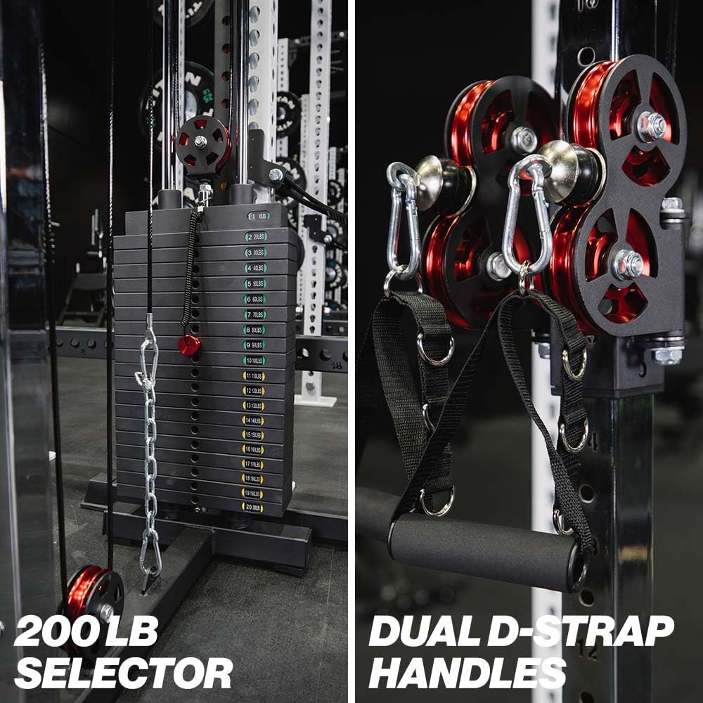 Titan Fitness Selectorized Wall Mounted Pulley Tower, Pin-Loaded 200 LB Weight Stack, Adjustable Trolley Height, Handles, Connector Included, Home Gym Equipment