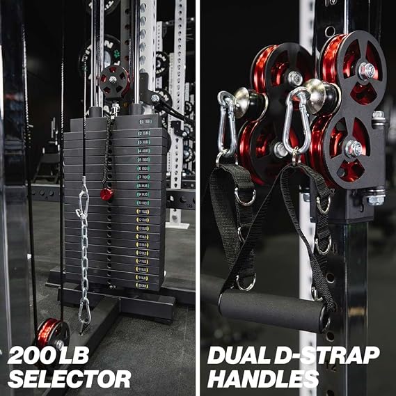 Titan Fitness Selectorized Wall Mounted Pulley Tower, Pin-Loaded 200 LB Weight Stack, Adjustable Trolley Height, Handles, Connector Included, Home Gym Equipment