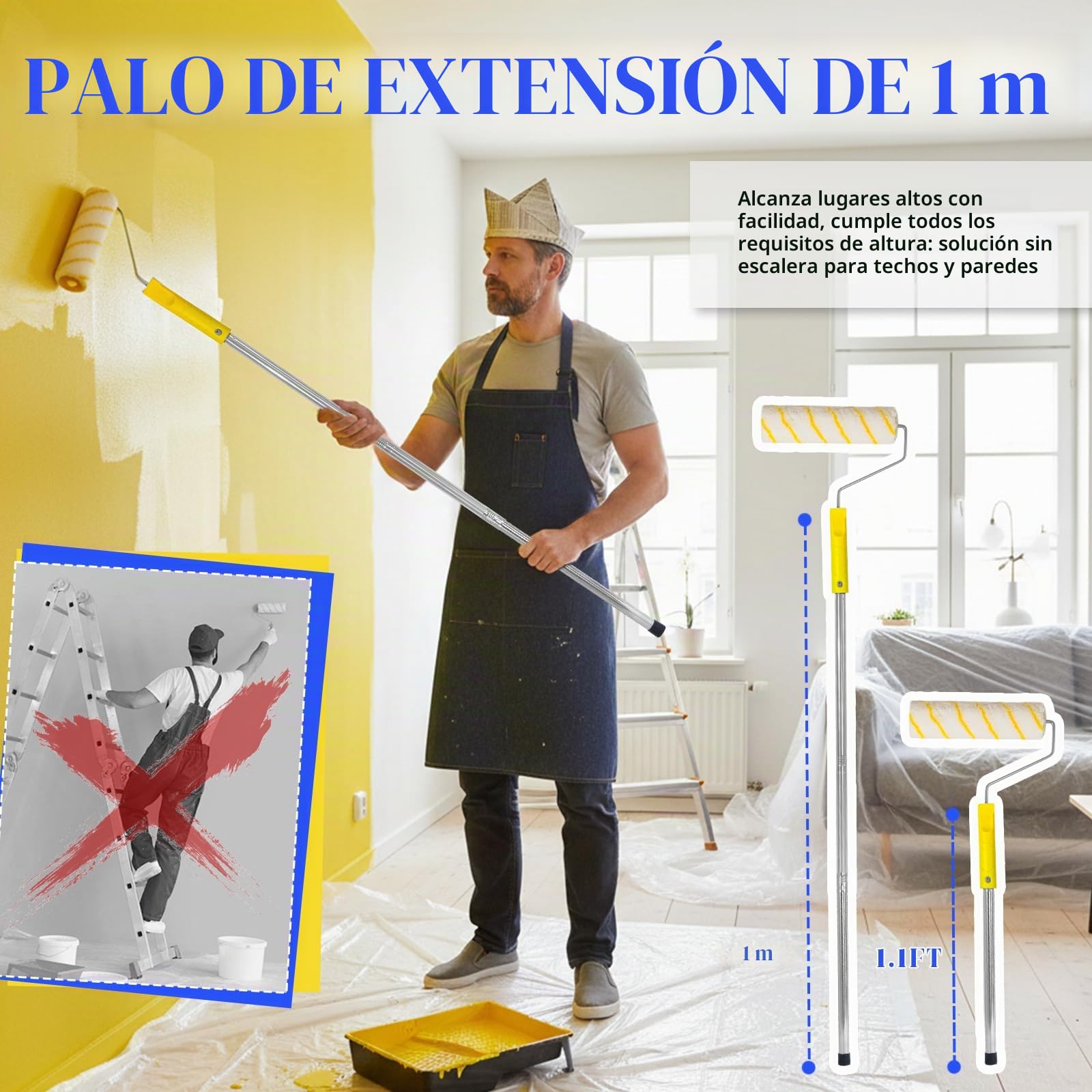 Juego de 14 rodillos de pintura y bandejas, juegos de rodillos de pintura extensibles para decoración de pintura, con pincel de pintura, herramientas de pintura de microfibra para pintar paredes