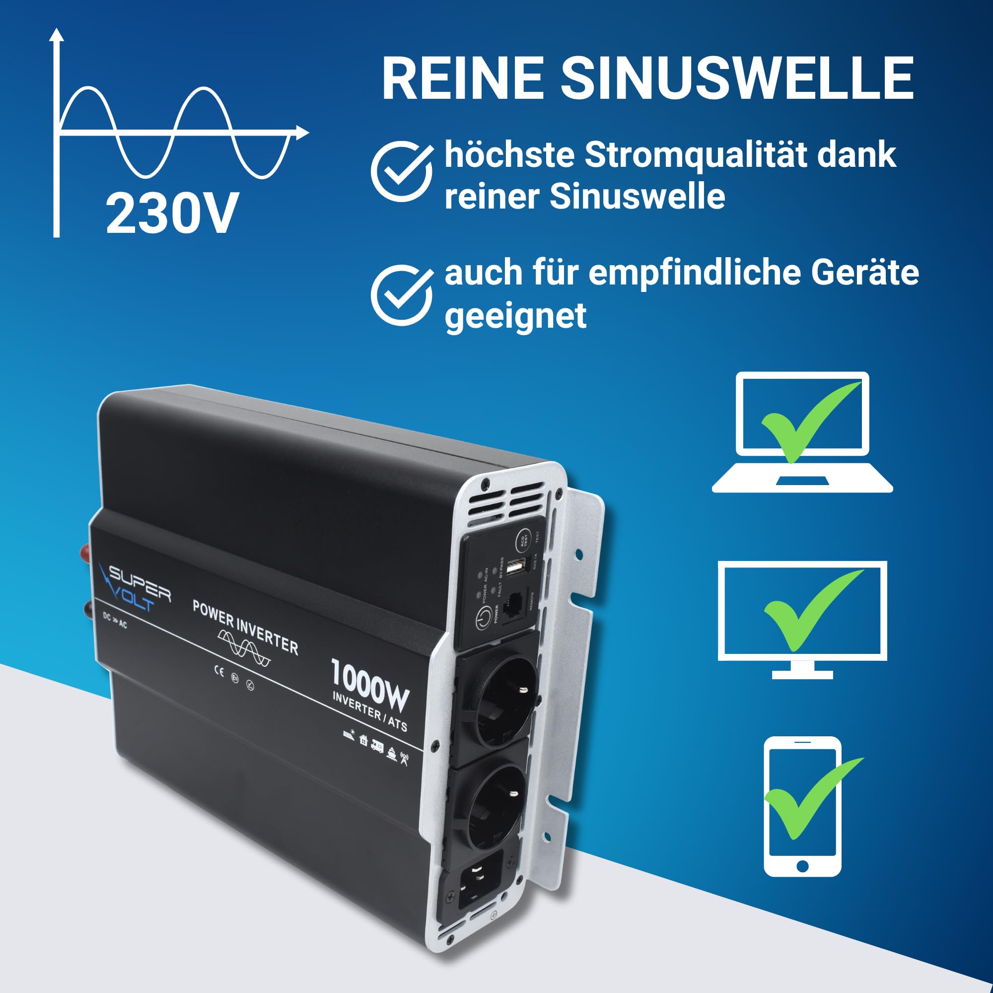 Falownik 12 V na 230 V, 1000 W, czysty sinus z przełącznikiem priorytetowym i ochroną FI, do wrażliwych urządzeń, z pilotem zdalnego sterowania, USB i puszkami Schuko, idealny do kamperów