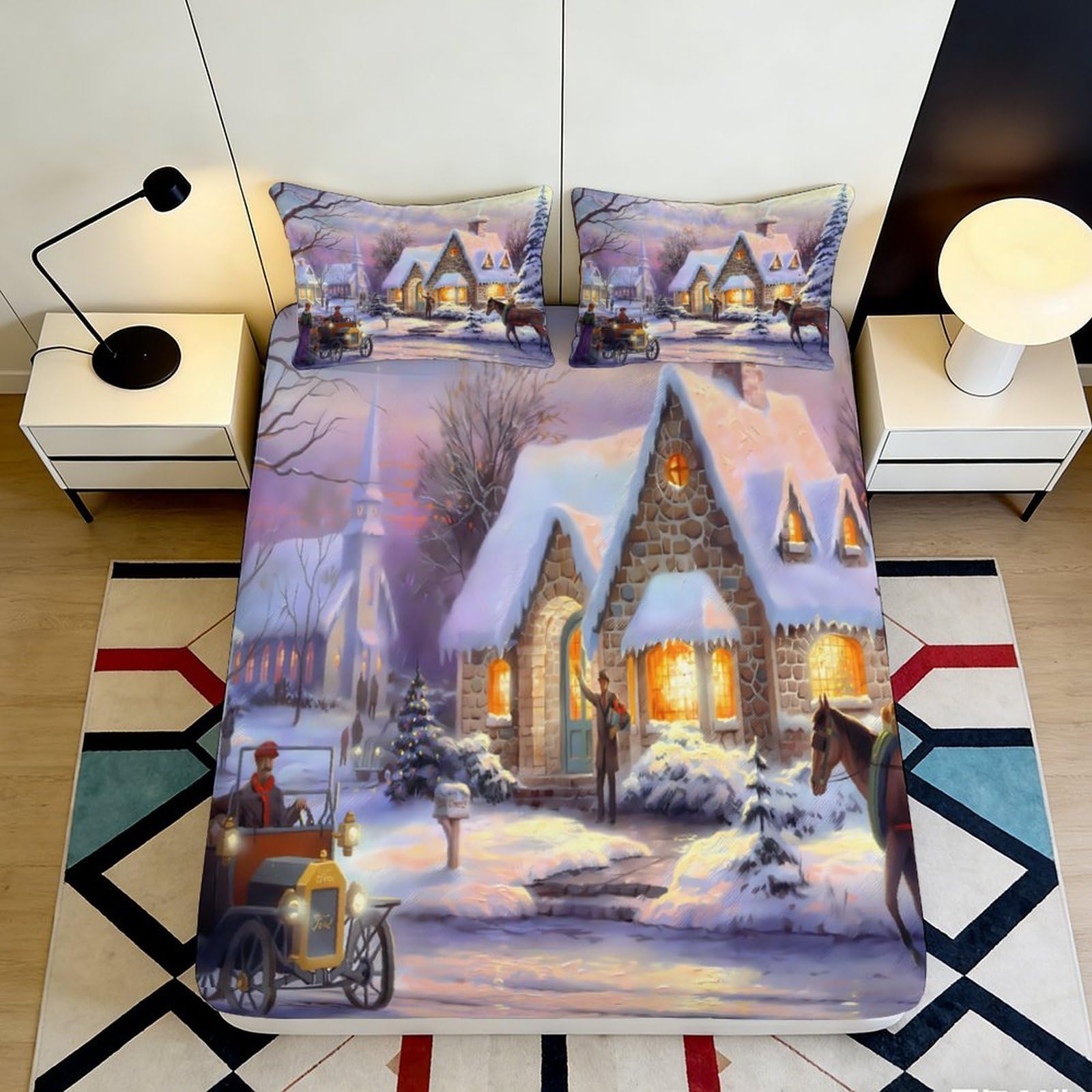 3D Printed Winter Village Fitted Sheet Microfiber Soft Snow Cottage Mattress Cover for Bedroom Guest Room Decor 90x200x25cm