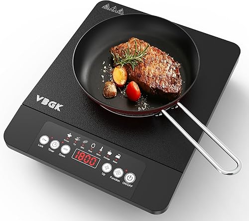 VBGK Cocina de inducción de un solo quemador, Cocina de inducción portátil de 1800 W, Placa caliente de 110 V con sensor LCD táctil, 7 niveles de